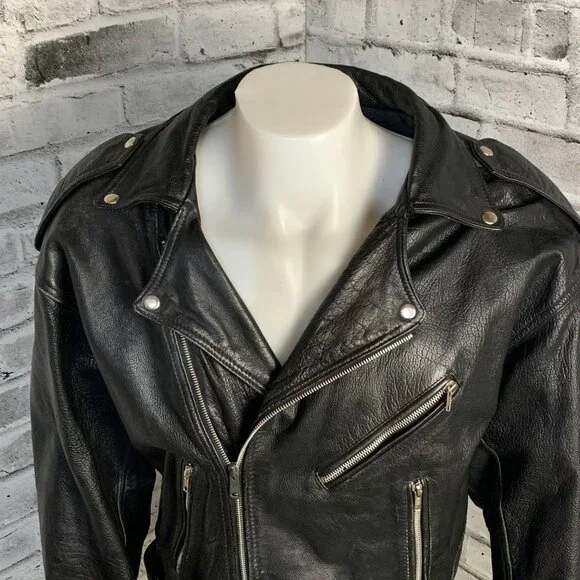 Vintage Black Leather Motorcycle Jacket Mens XL Biker Distressed Moto Coat - Picture 2 of 16